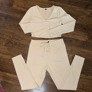 SHEIN 2 piece ribbed crop top and pants beige set